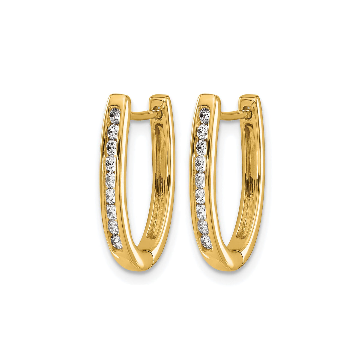 14k Yellow Gold Oval Hoop Earrings with Round Cut Diamonds in Channel Setting