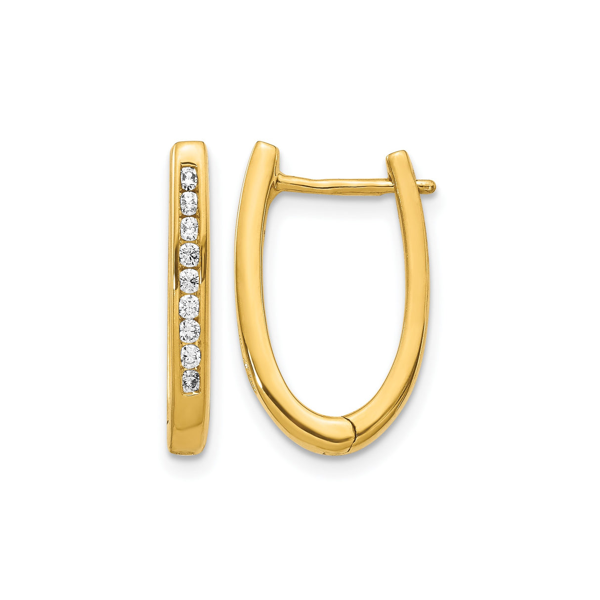 14k Yellow Gold Oval Hoop Earrings with Round Cut Diamonds in Channel Setting