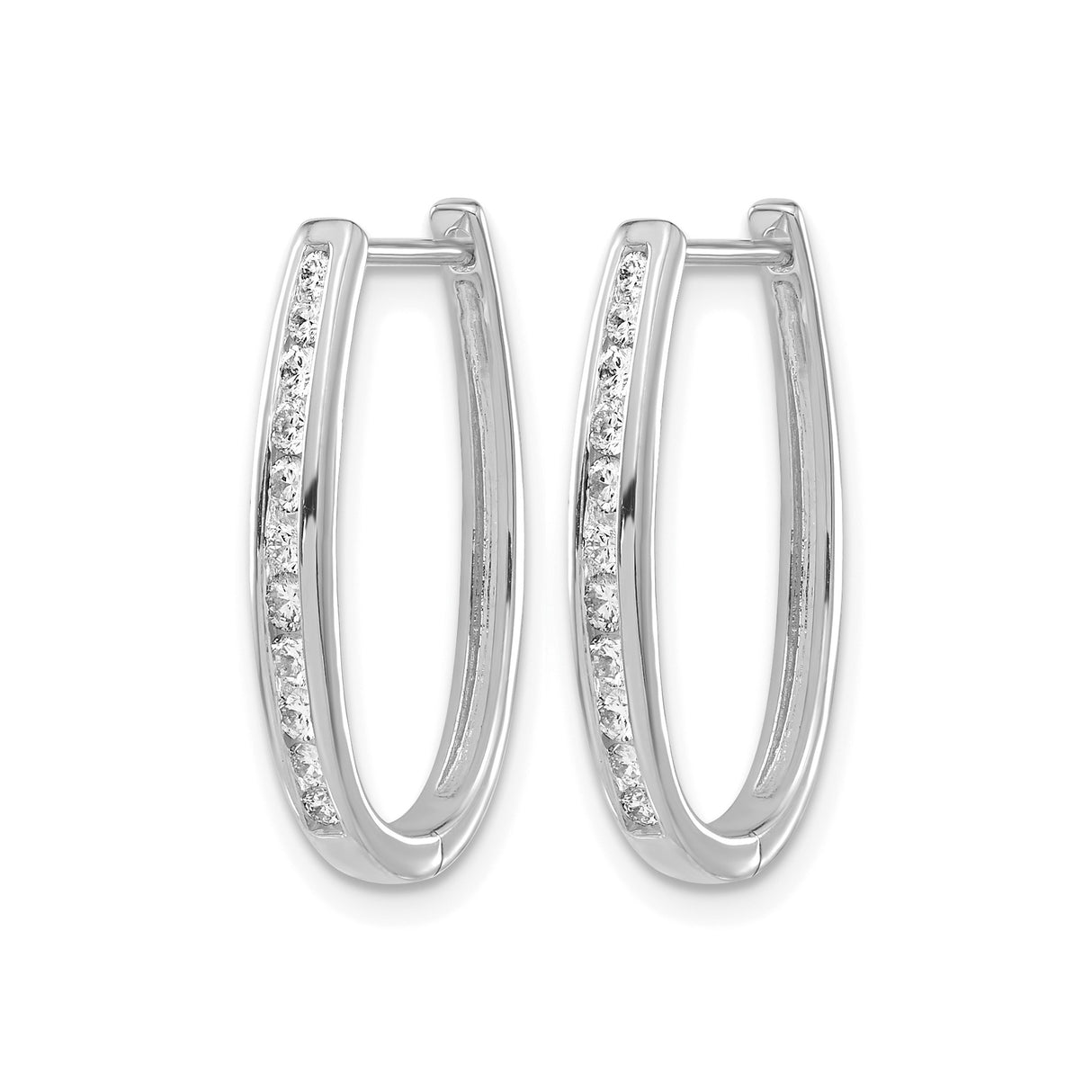 10k White Gold Hoop Earrings with Clear Round Stones, Channel Set U Shaped Hinged Design