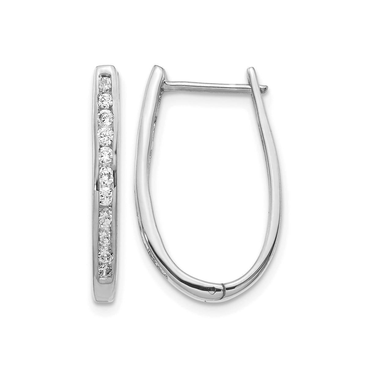 10k White Gold Hoop Earrings with Clear Round Stones, Channel Set U Shaped Hinged Design