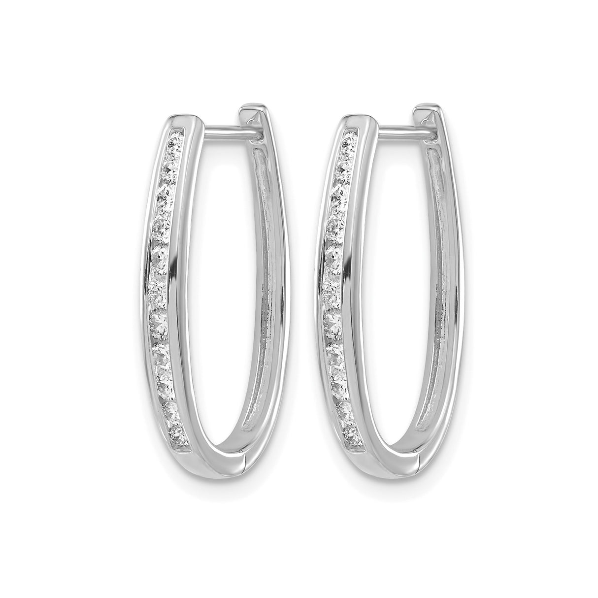14k White Gold Hoop Earrings with Round Cut Diamonds, Inside-Out Curved Oval Design