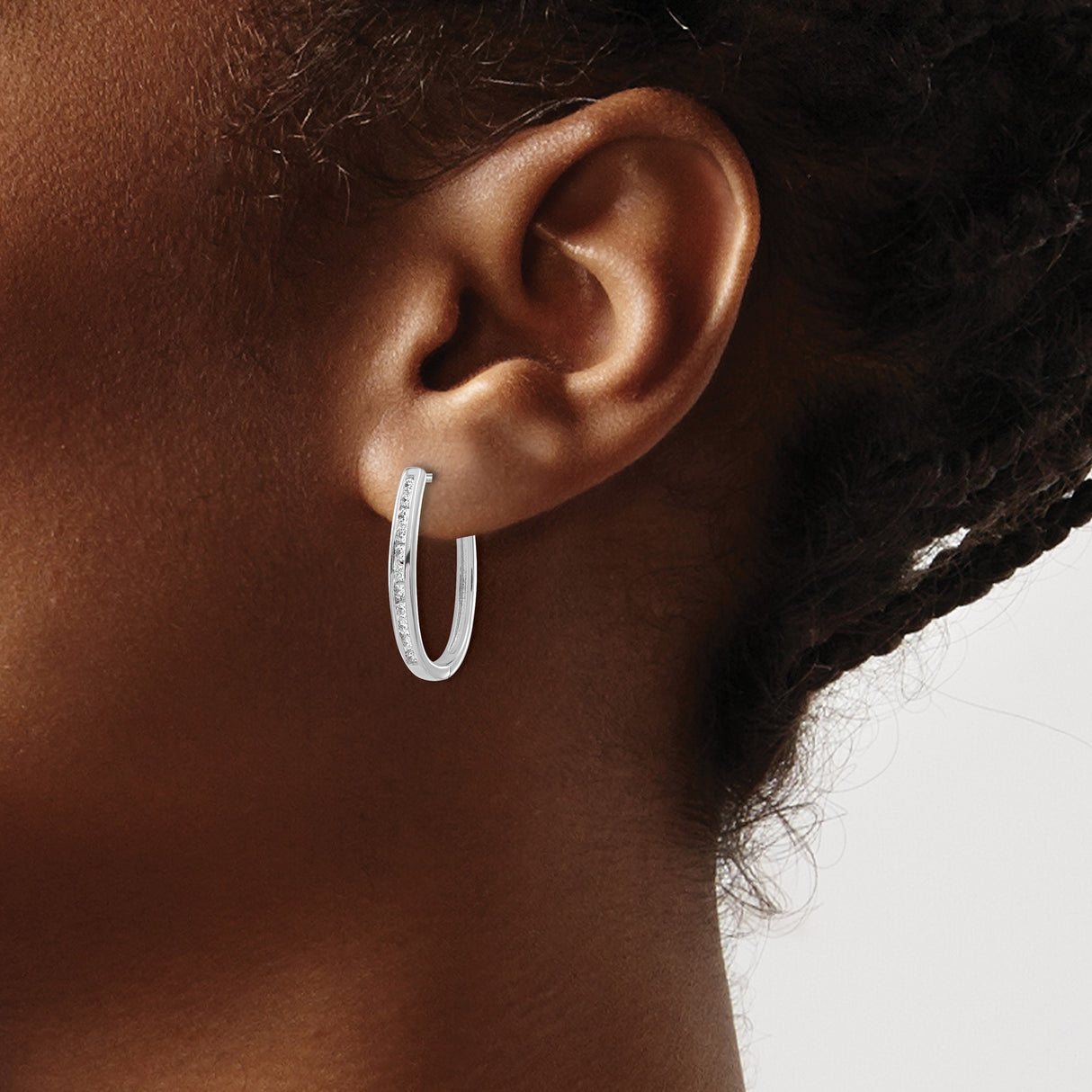 14k White Gold Hoop Earrings with Round Cut Diamonds, Inside-Out Curved Oval Design