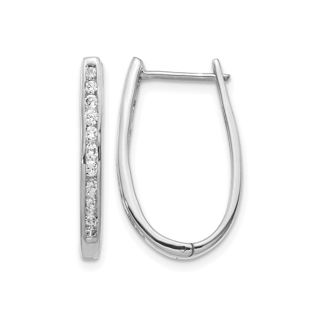 14k White Gold Hoop Earrings with Round Cut Diamonds, Inside-Out Curved Oval Design