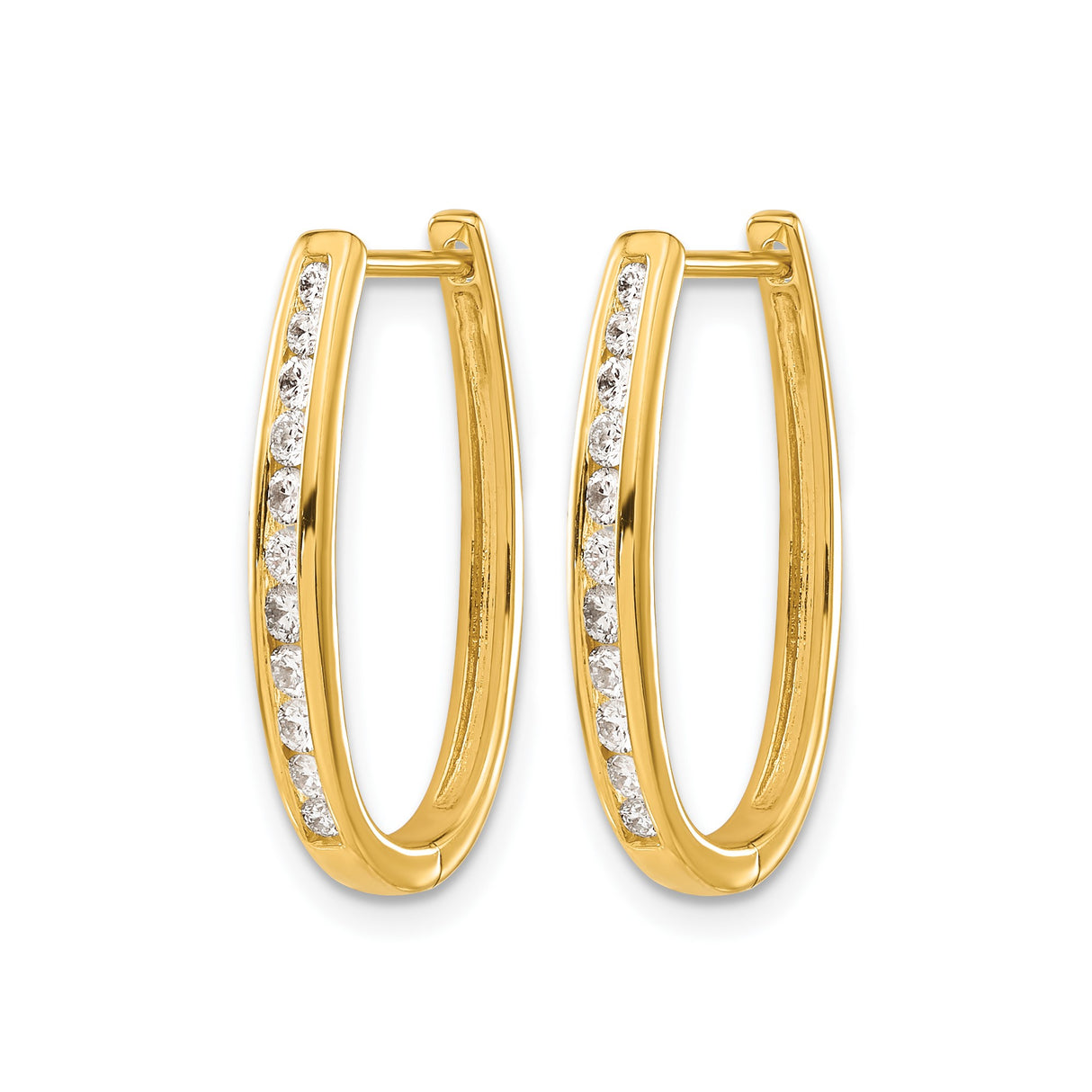 14k Yellow Gold Oval Hoop Earrings with Channel Set Diamonds, Sleek Modern Design