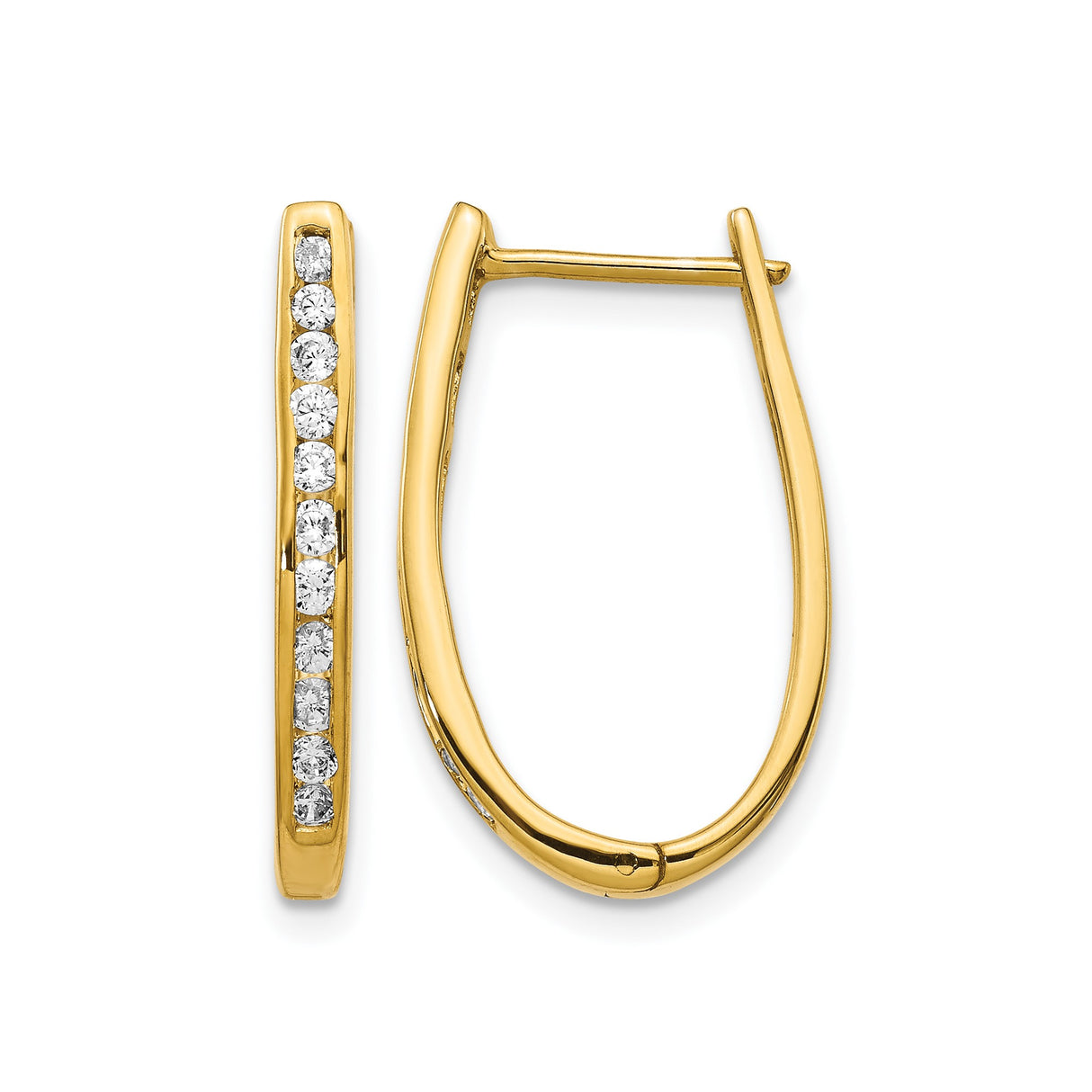 14k Yellow Gold Oval Hoop Earrings with Channel Set Diamonds, Sleek Modern Design