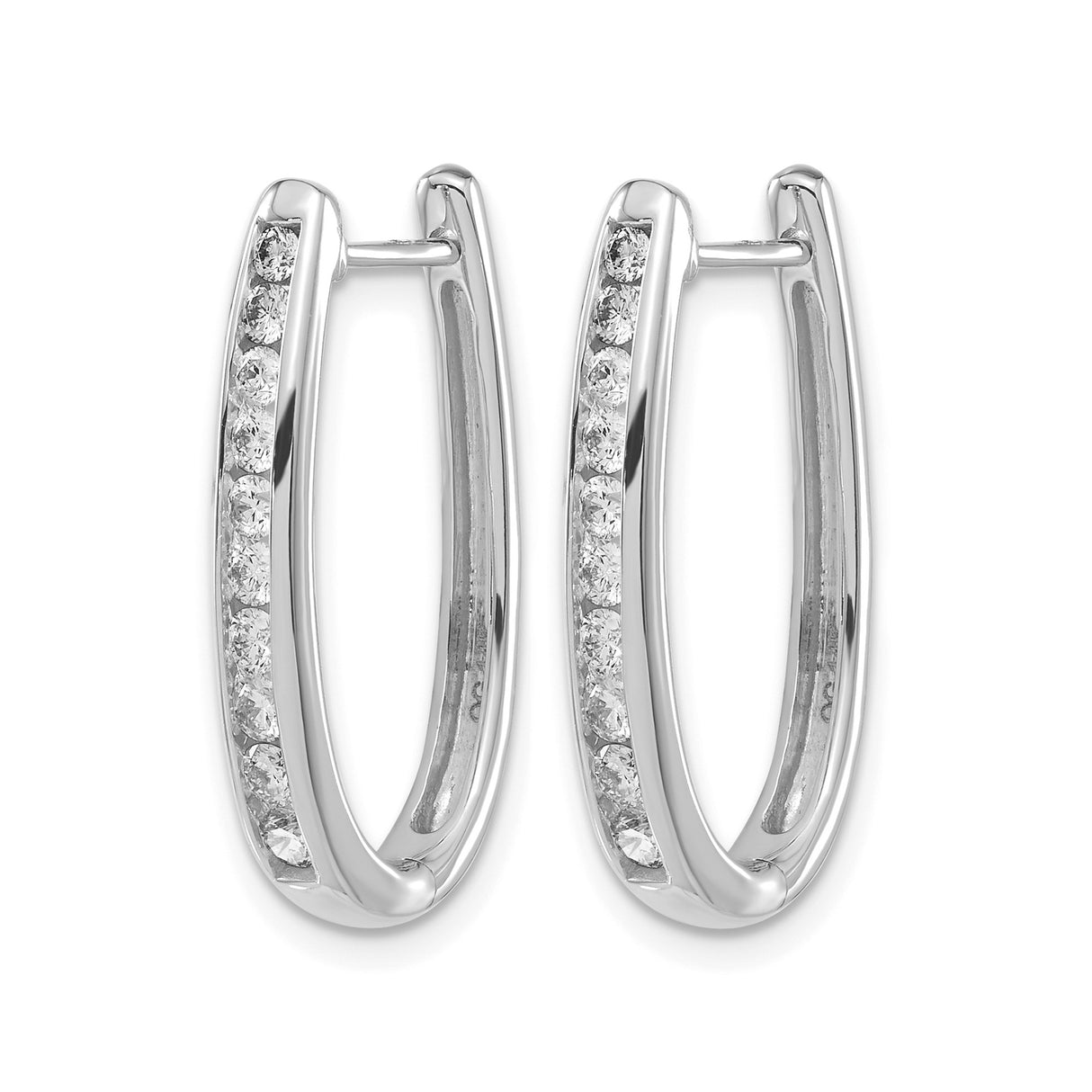 10k White Gold Oval Hoop Earrings with Channel-Set Round Diamonds, Hinged Closure, Polished Finish