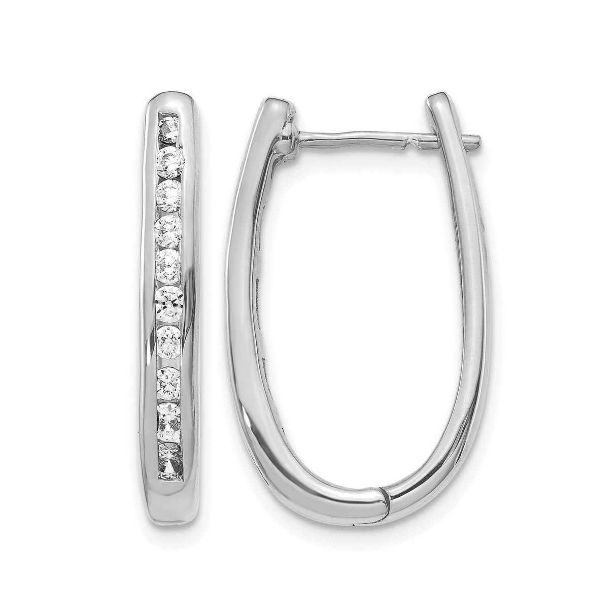 10k White Gold Oval Hoop Earrings with Channel-Set Round Diamonds, Hinged Closure, Polished Finish