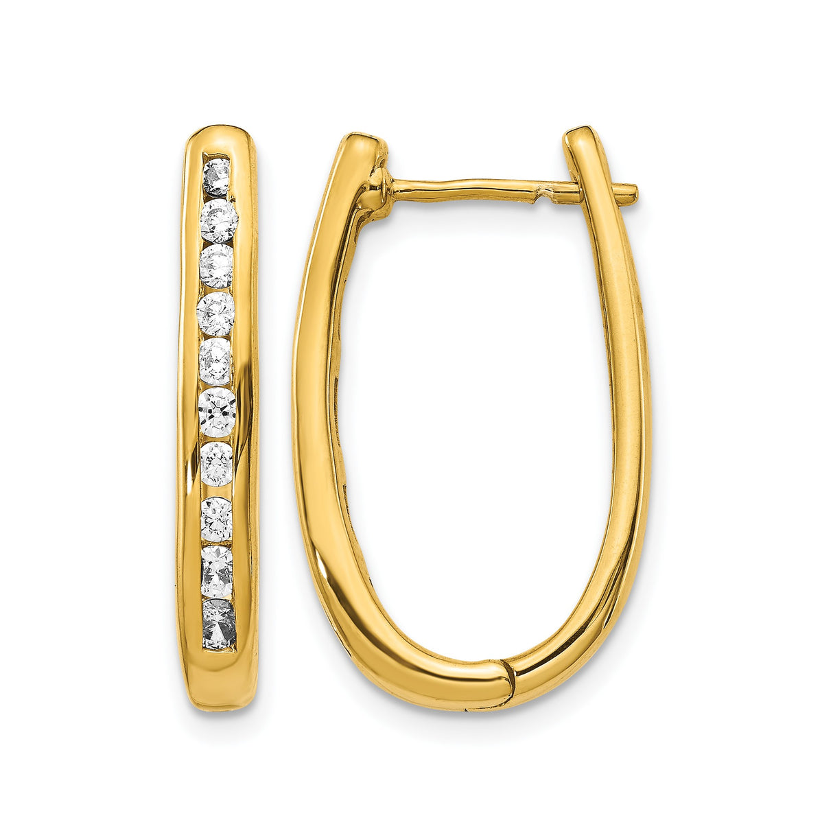 10k Yellow Gold Hoop Earrings with Round Cut White Gemstones, Sleek Hinged Oval Design