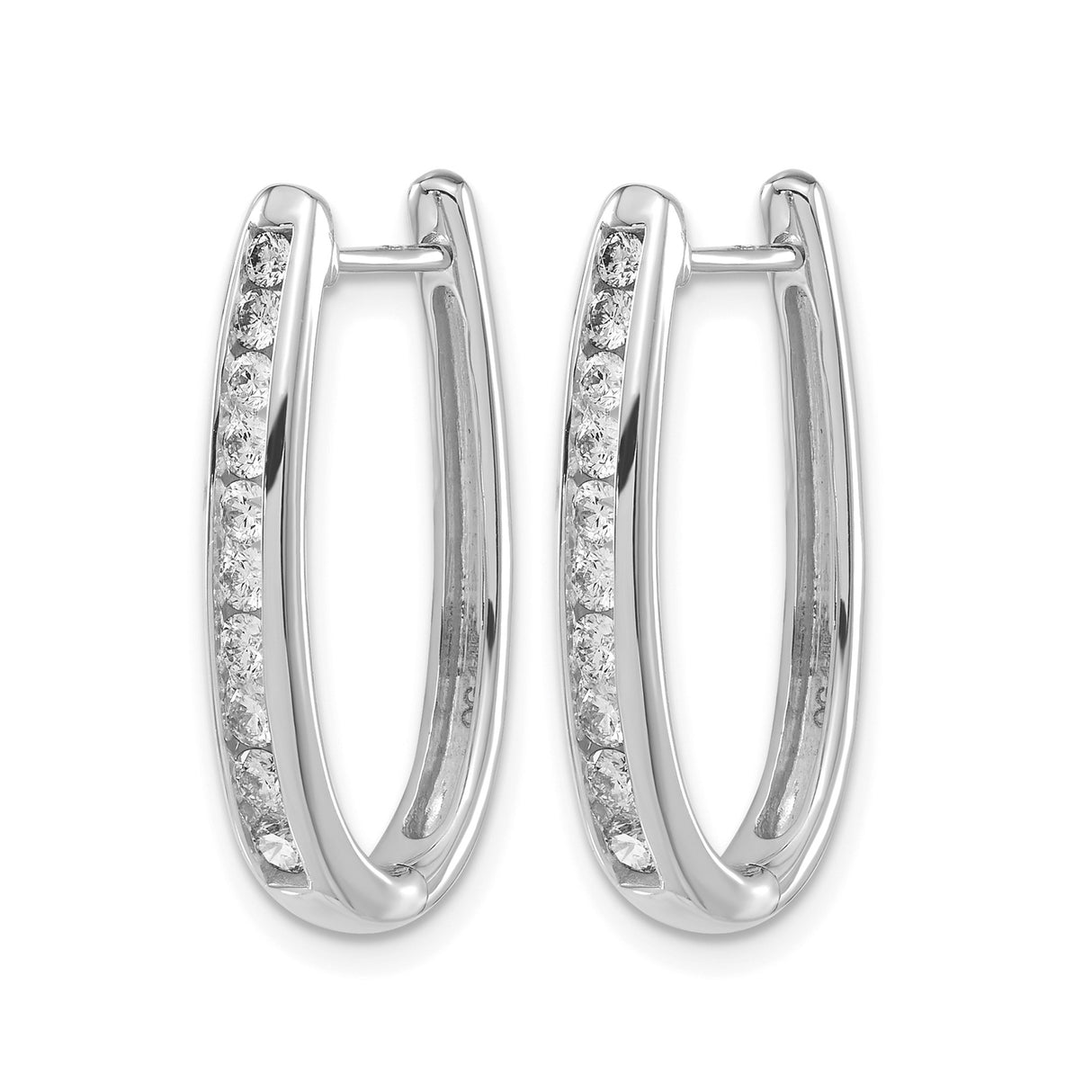 14k White Gold Hoop Earrings with Channel Set Round Diamonds, Elongated Oval Design