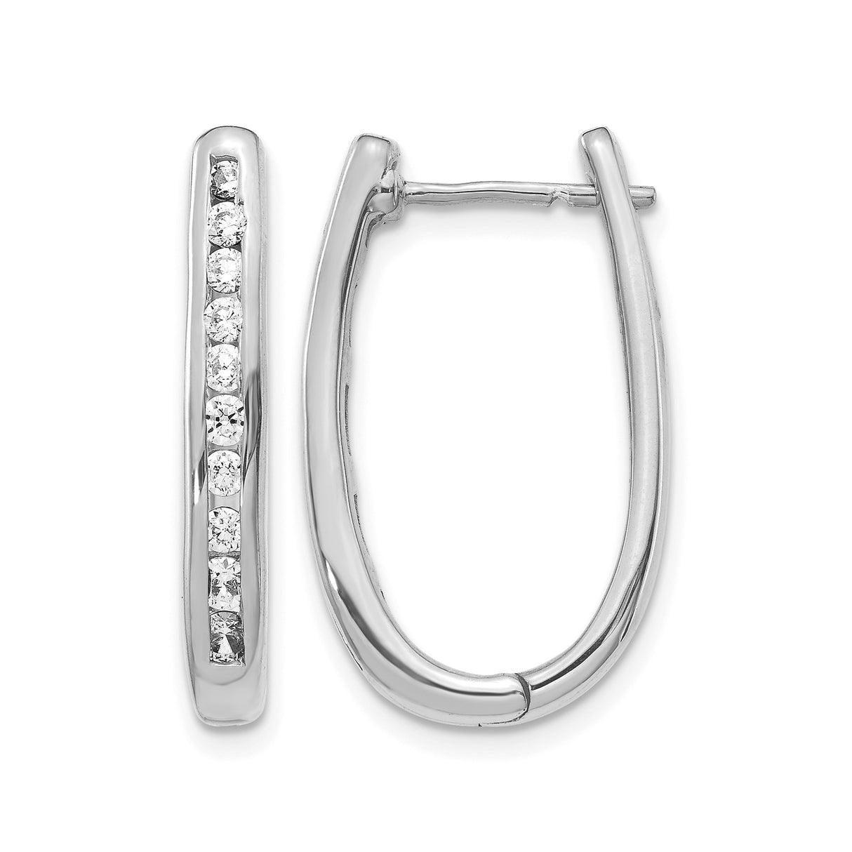 14k White Gold Hoop Earrings with Channel Set Round Diamonds, Elongated Oval Design