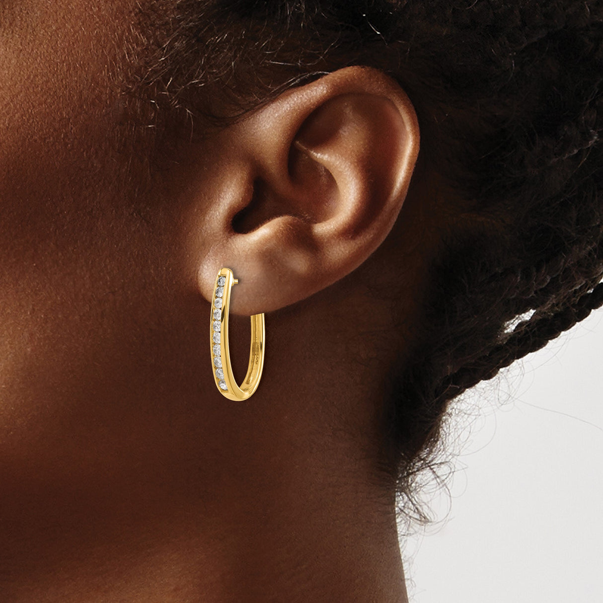 14k Yellow Gold Hoop Earrings with Round Cut Diamonds, Channel Set, Modern Minimalist Design