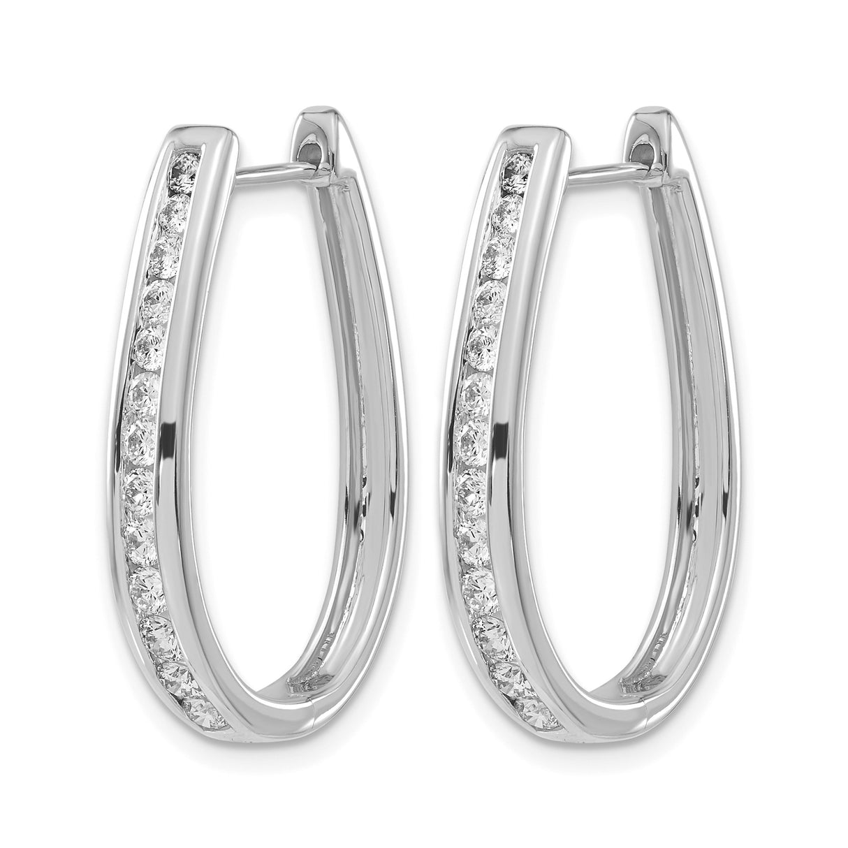 14k White Gold Elongated Oval Hoop Earrings with Channel-Set Diamond Accents