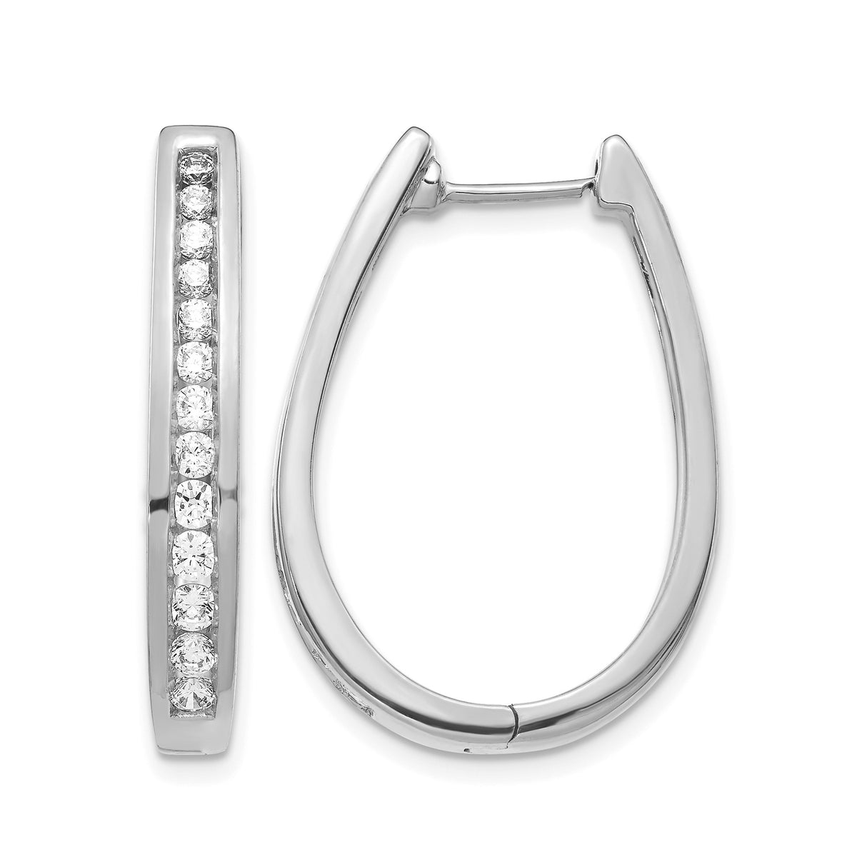 14k White Gold Elongated Oval Hoop Earrings with Channel-Set Diamond Accents