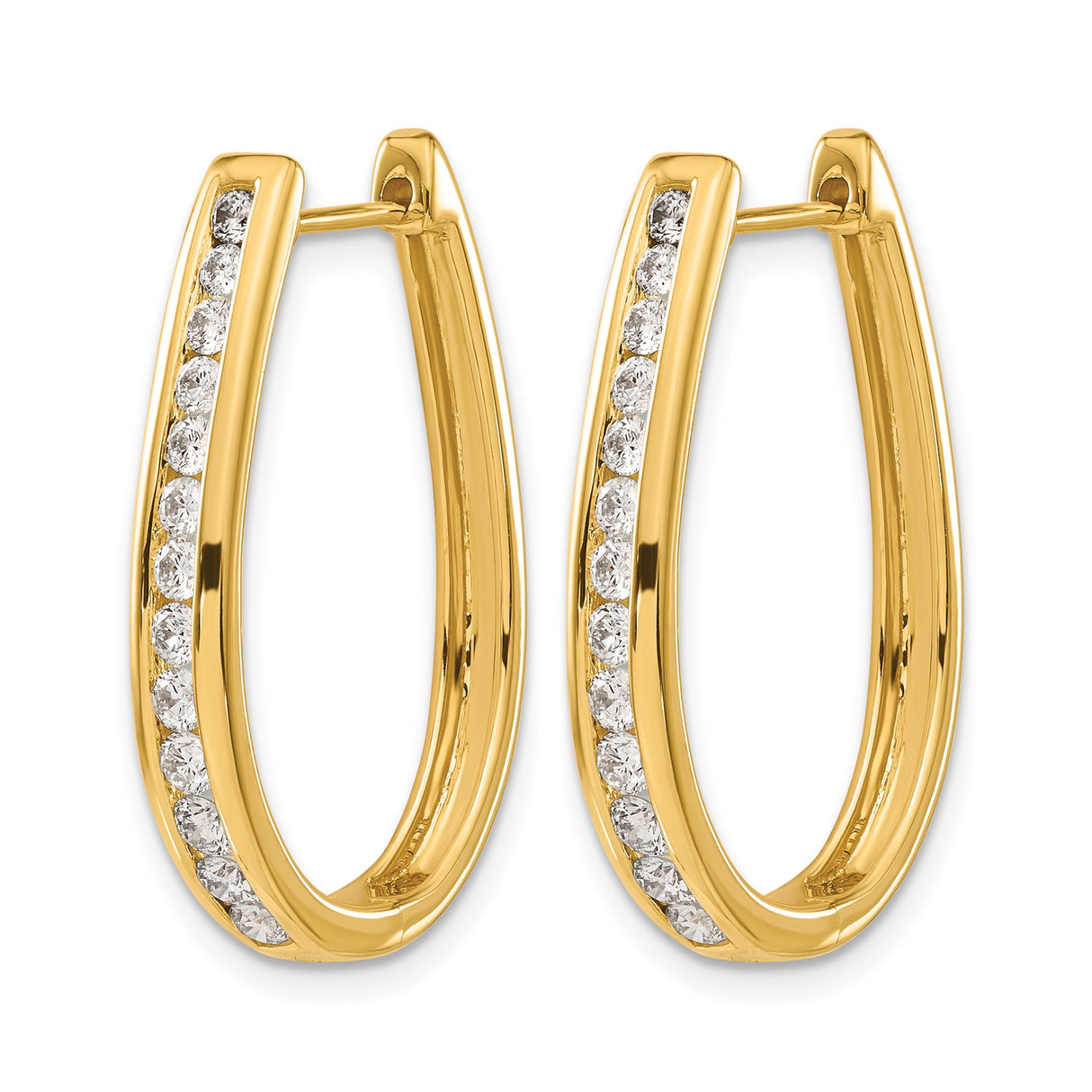 14k Yellow Gold Oval Hoop Earrings with Channel Set Diamonds, Polished Finish, Hinged Clasp
