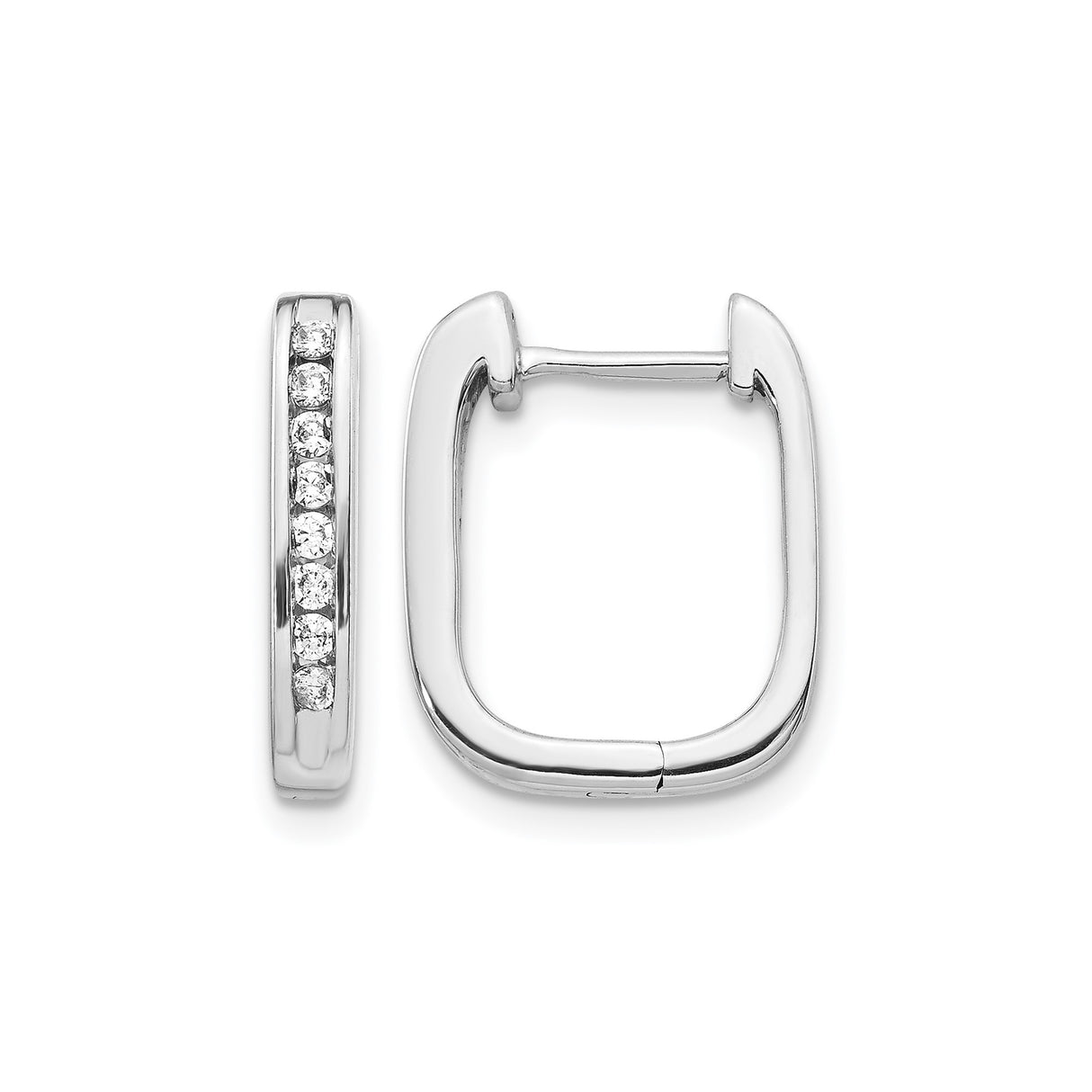 14k White Gold Huggie Hoop Earrings with Channel Set Diamonds, Square Minimalist Design