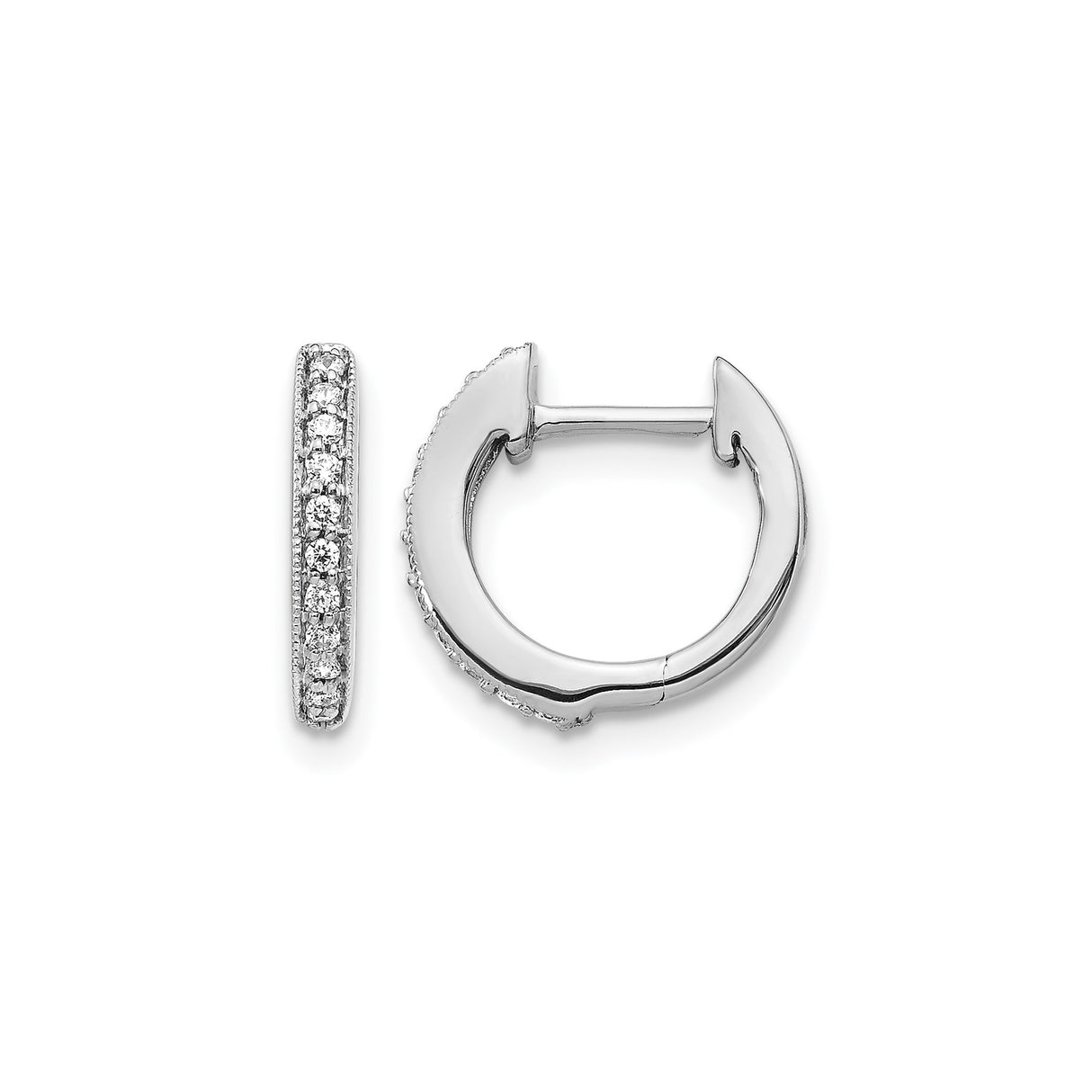 10k White Gold Huggie Hoop Earrings with Round Cut Pave Diamonds for Women