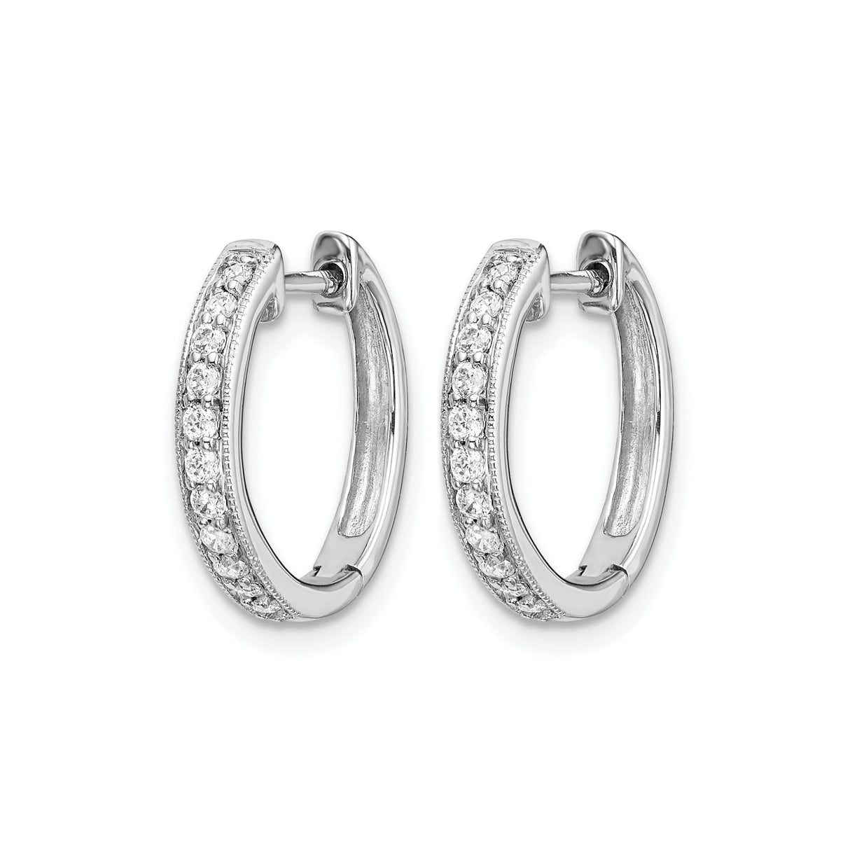 14k White Gold Hoop Earrings with Round Cut Diamonds, Classic Pave Huggie Style