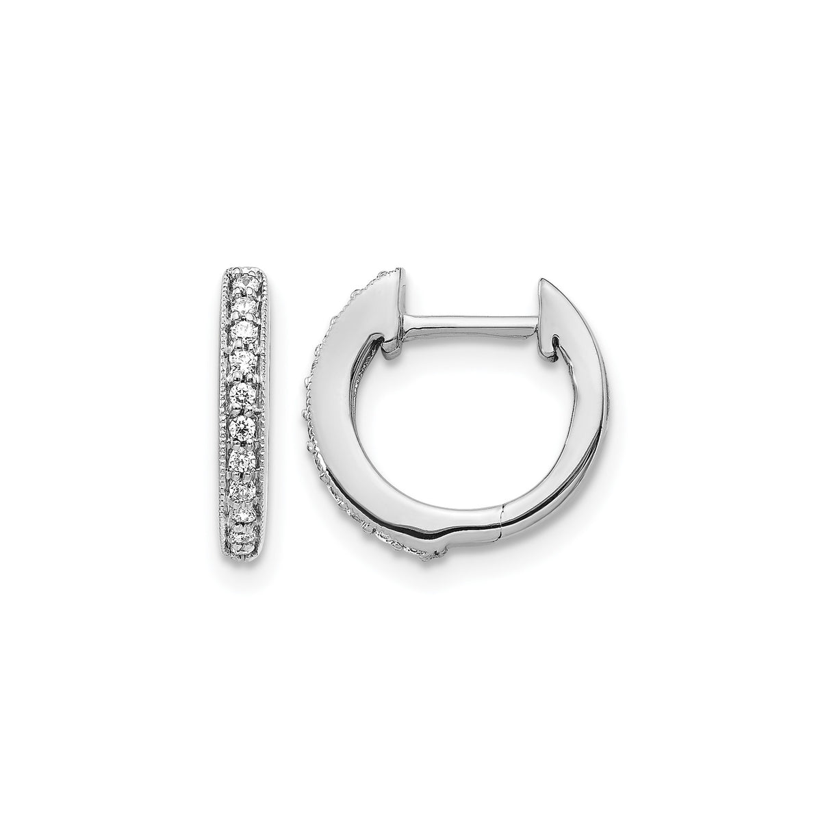 14k White Gold Hoop Earrings with Round Cut Diamonds, Classic Pave Huggie Style