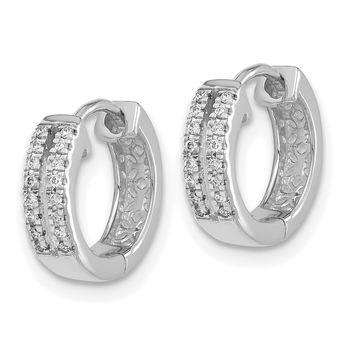 10k White Gold Hoop Earrings with Double Row Clear Stones, Small Huggie Style