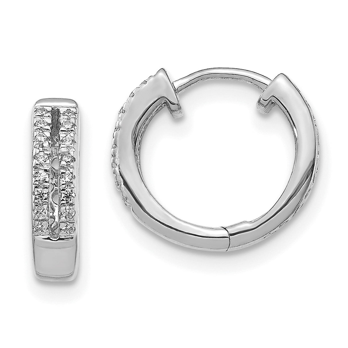 10k White Gold Hoop Earrings with Double Row Clear Stones, Small Huggie Style