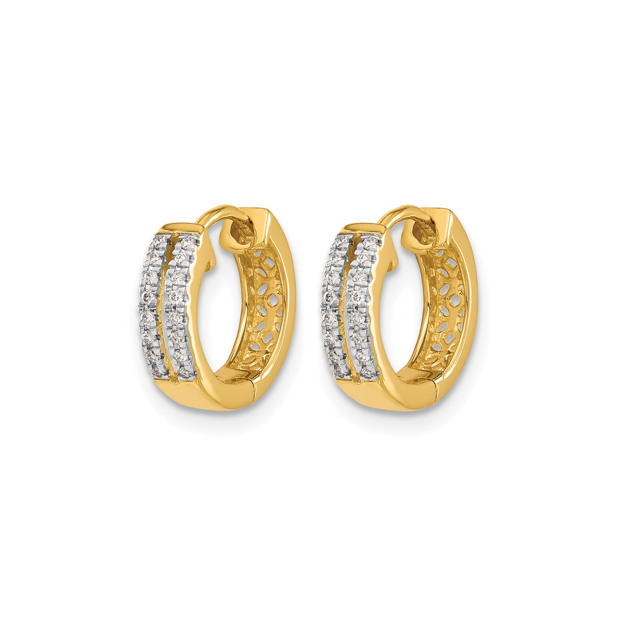 10k Yellow Gold Huggie Hoop Earrings, Diamond-Cut Dual Row with White Gold Accents