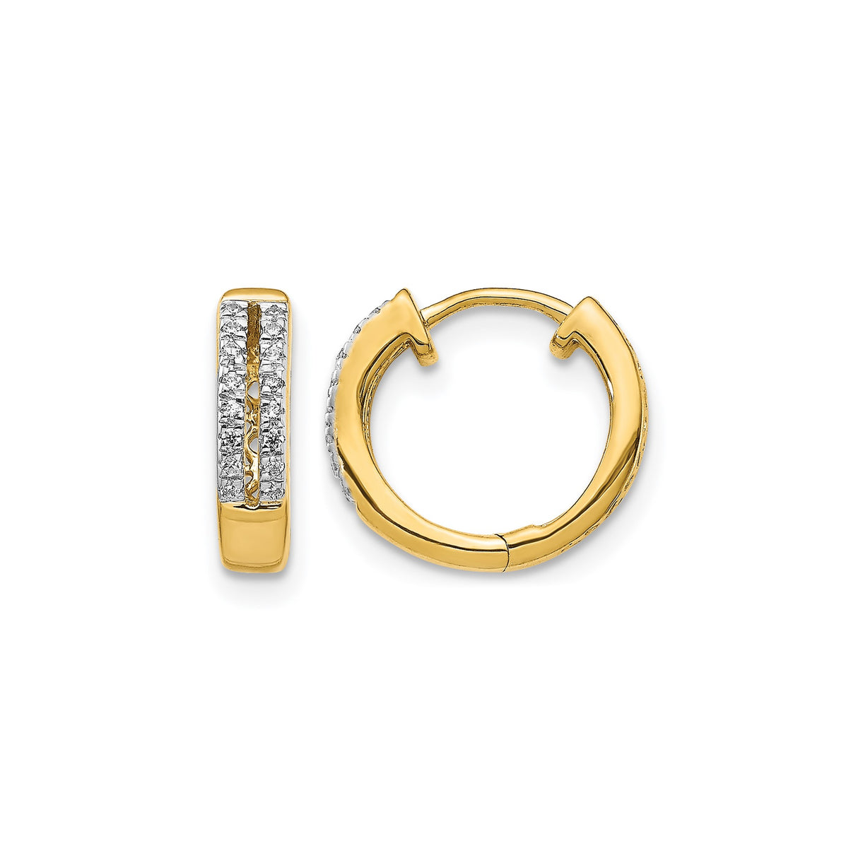 10k Yellow Gold Huggie Hoop Earrings, Diamond-Cut Dual Row with White Gold Accents