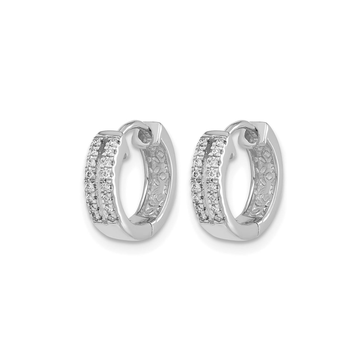 14k White Gold Huggie Hoop Earrings with Round Cut Diamonds, Polished Finish, Secure Clasp