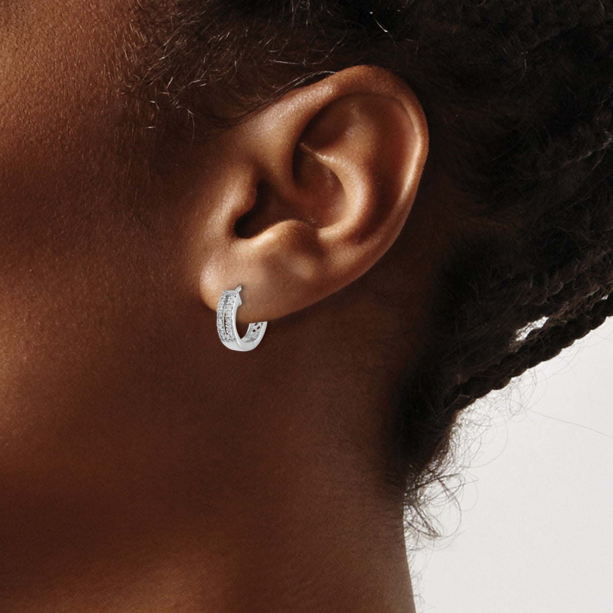 14k White Gold Huggie Hoop Earrings with Round Cut Diamonds, Polished Finish, Secure Clasp