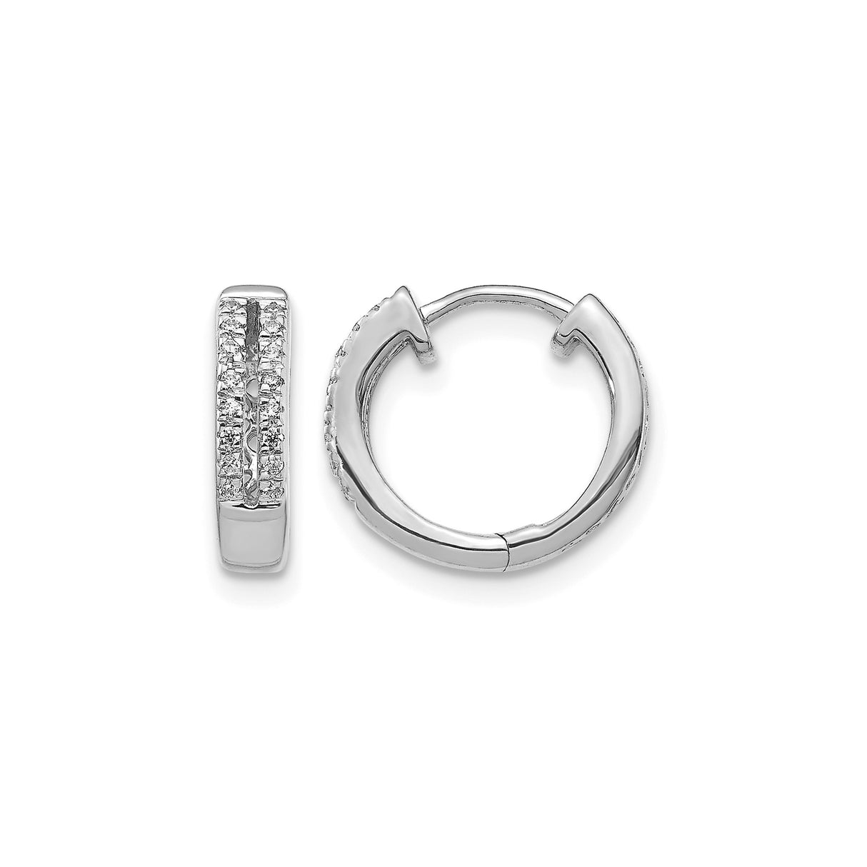 14k White Gold Huggie Hoop Earrings with Round Cut Diamonds, Polished Finish, Secure Clasp
