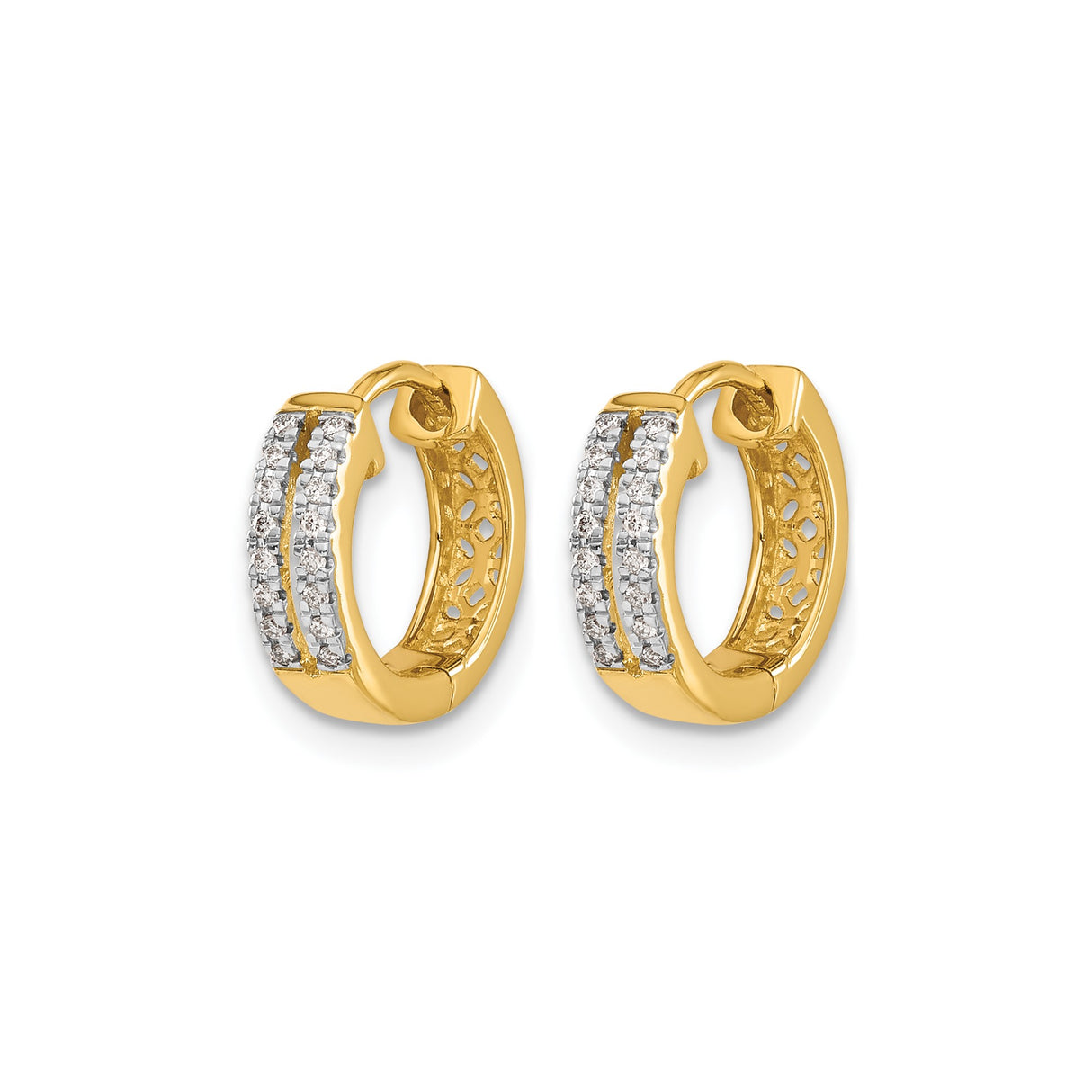14k Yellow Gold Huggie Hoop Earrings with Round Cut Diamonds in Pavé Setting