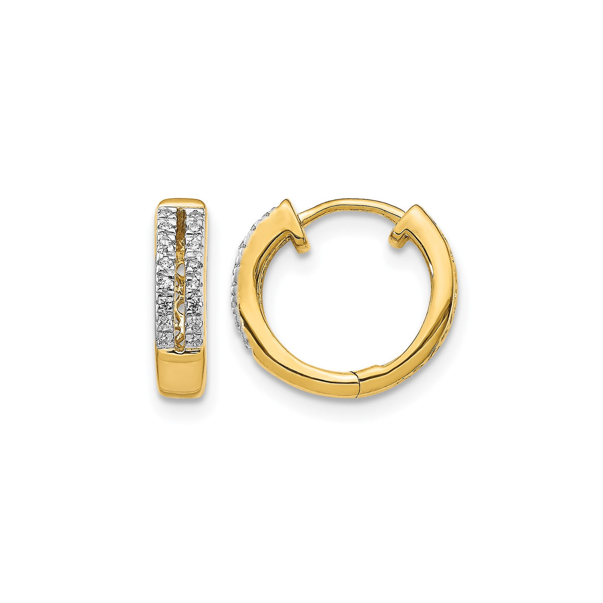 14k Yellow Gold Huggie Hoop Earrings with Round Cut Diamonds in Pavé Setting