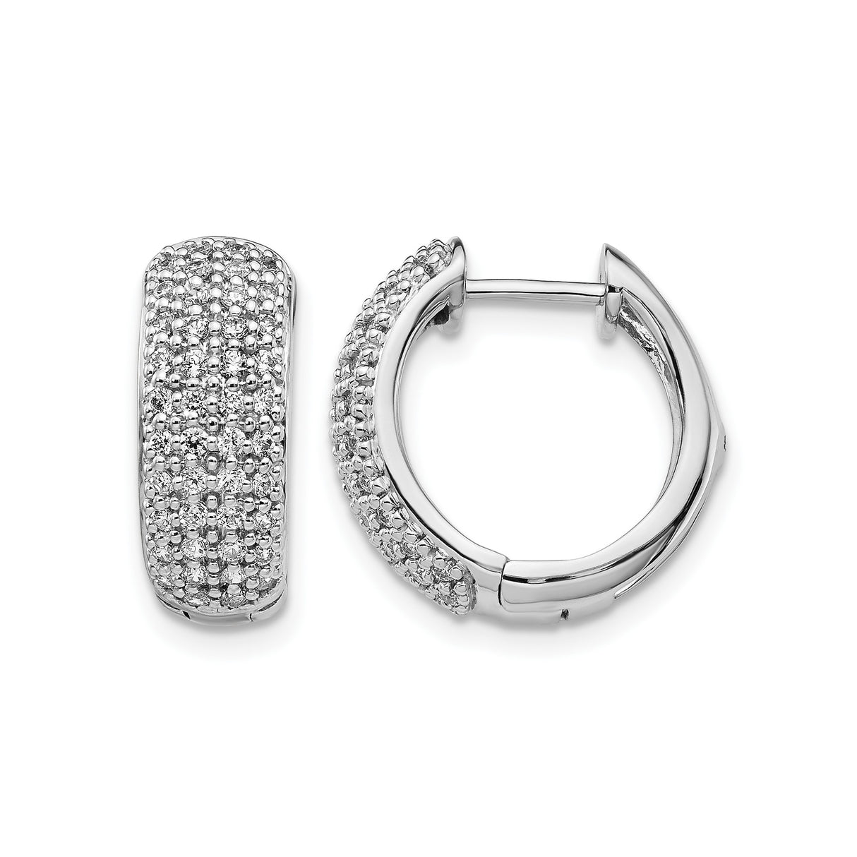 14k White Gold Huggie Earrings with Pavé Set Round Diamonds, Wide Sparkling Hoop Design