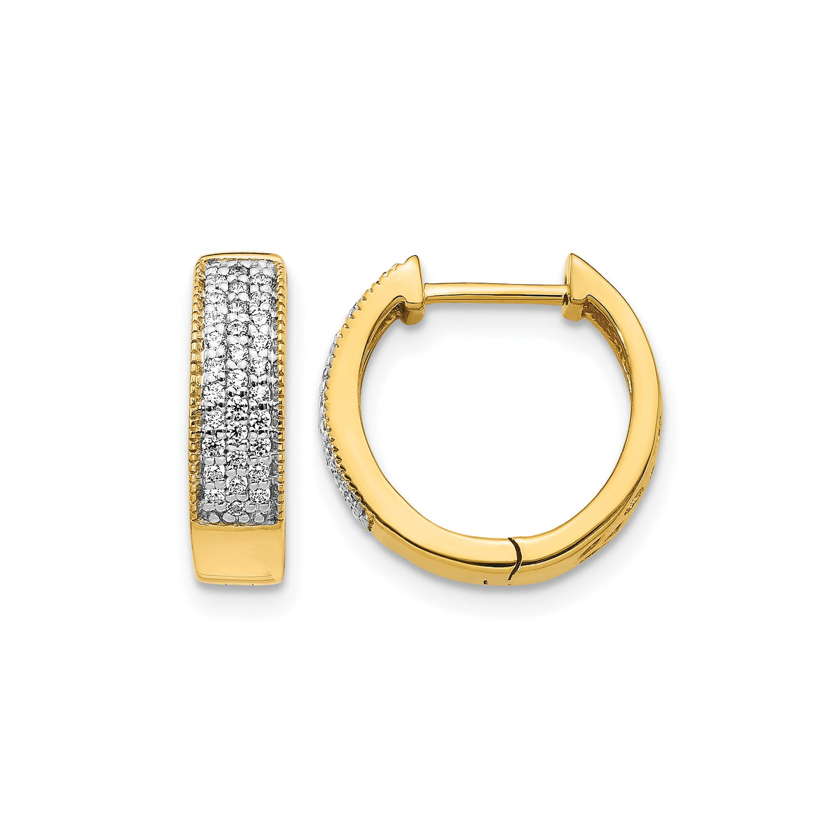 10k Yellow Gold Hoop Earrings with Pavé Set White Stones, Modern Huggie Style for Women