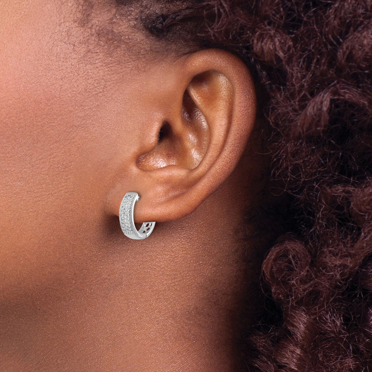 14k White Gold Diamond Hoop Earrings with Micro-Pavé Design and Hinged Clasp