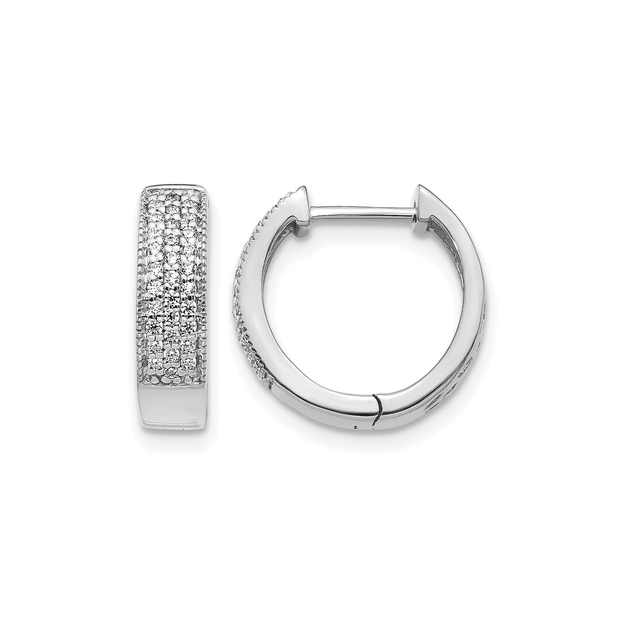 14k White Gold Diamond Hoop Earrings with Micro-Pavé Design and Hinged Clasp
