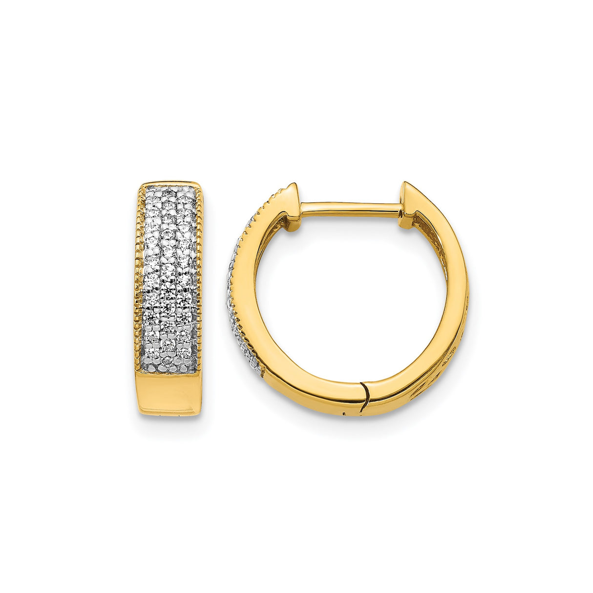 14k Yellow Gold Huggie Hoop Earrings with Pave Diamonds, Small Hinged Hoops for Women