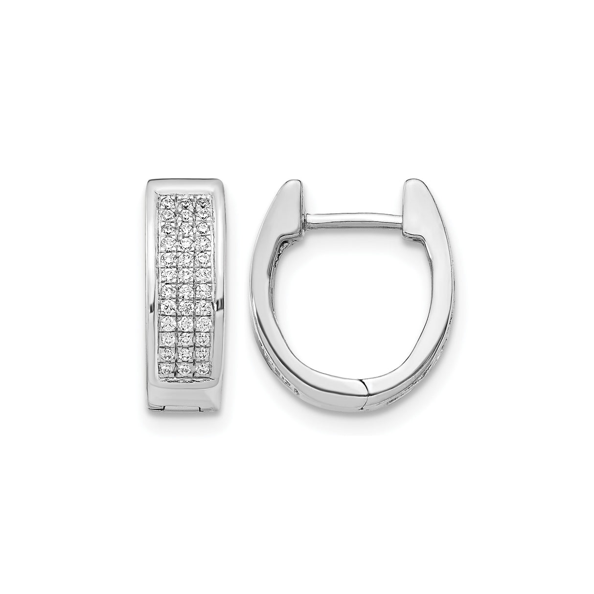 10k White Gold Huggie Hoop Earrings with Pave Set Round Diamonds, Rectangular Modern Design