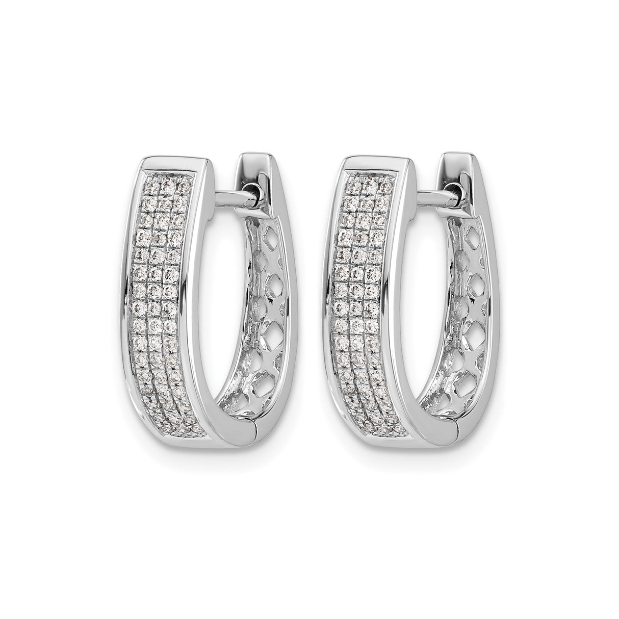 14k White Gold Hoop Earrings with Round Cut Pavé Diamonds, Rectangular Huggie Style