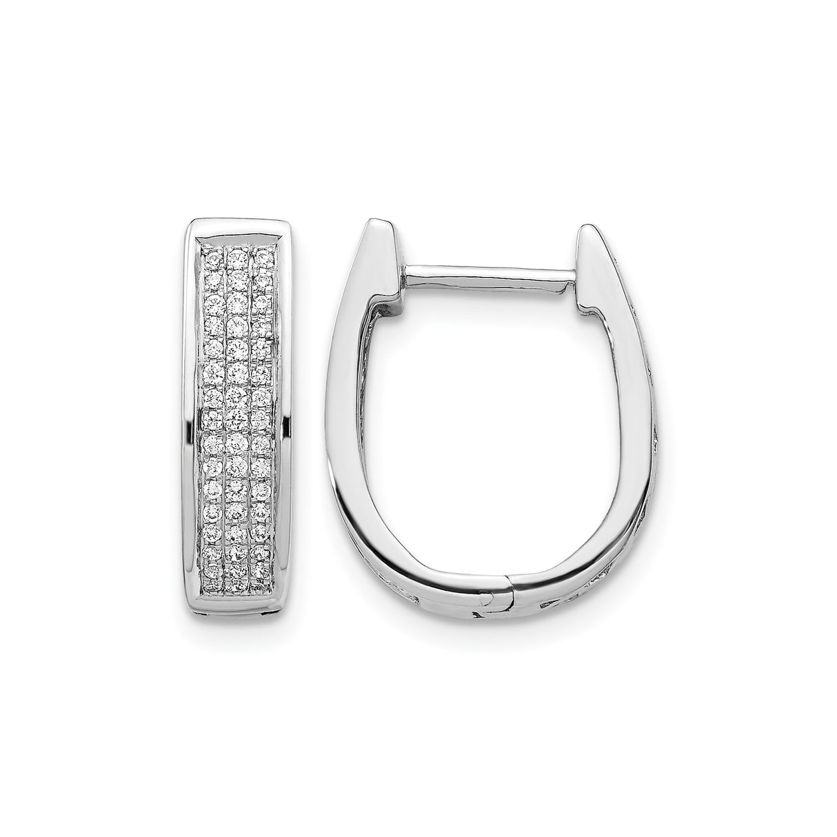 14k White Gold Hoop Earrings with Round Cut Pavé Diamonds, Rectangular Huggie Style