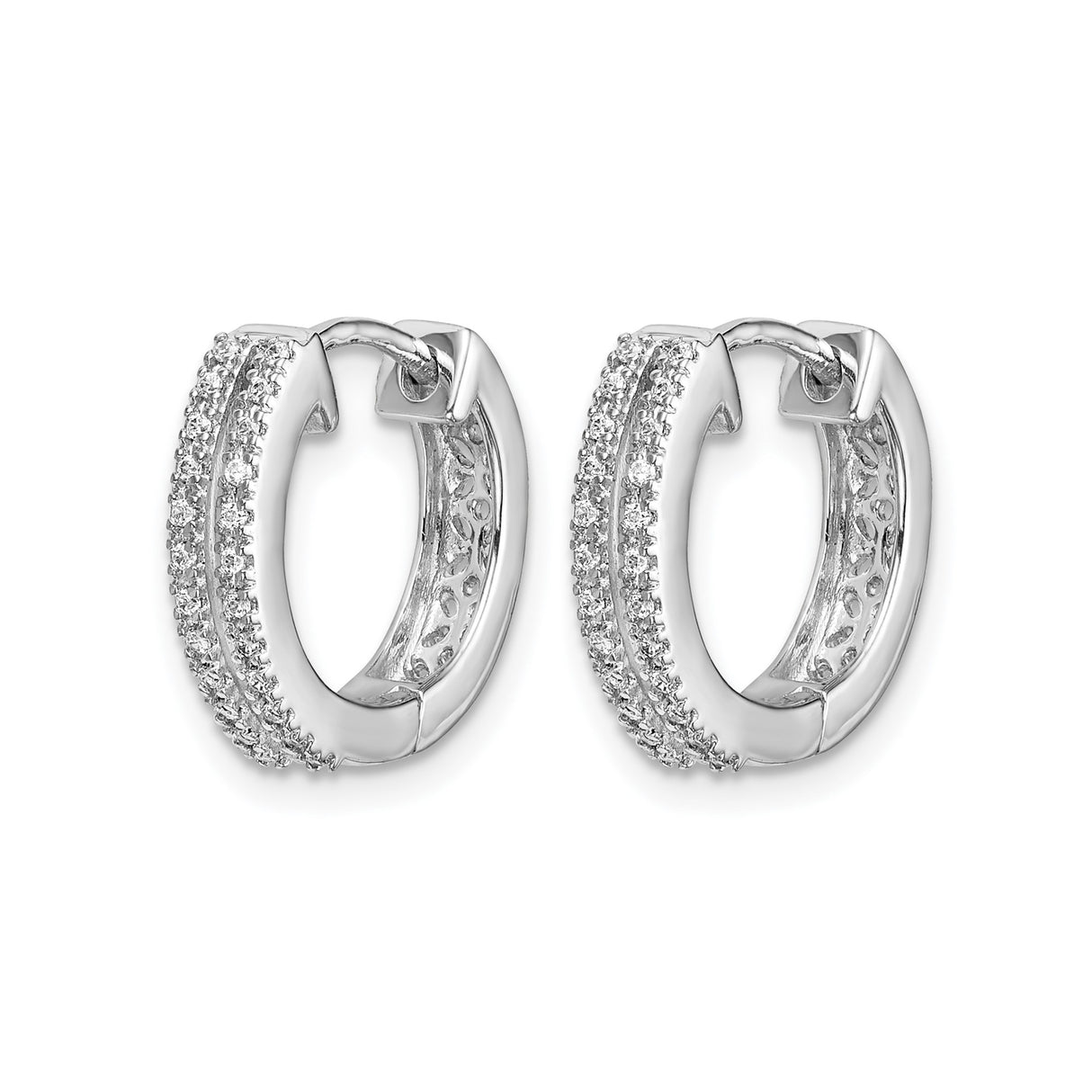 14k White Gold Diamond Huggie Hoop Earrings, Double Row Modern Design for Women