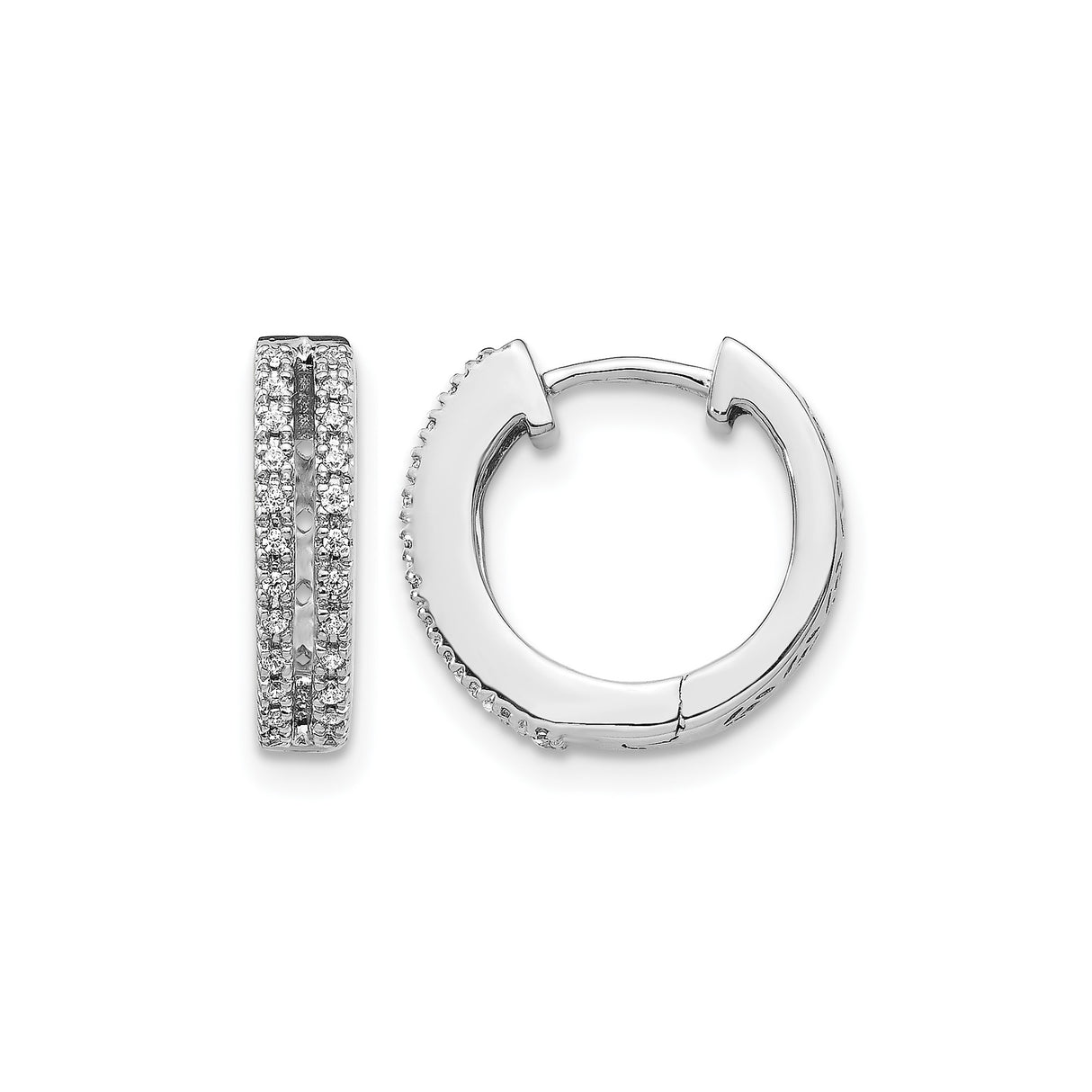 14k White Gold Diamond Huggie Hoop Earrings, Double Row Modern Design for Women