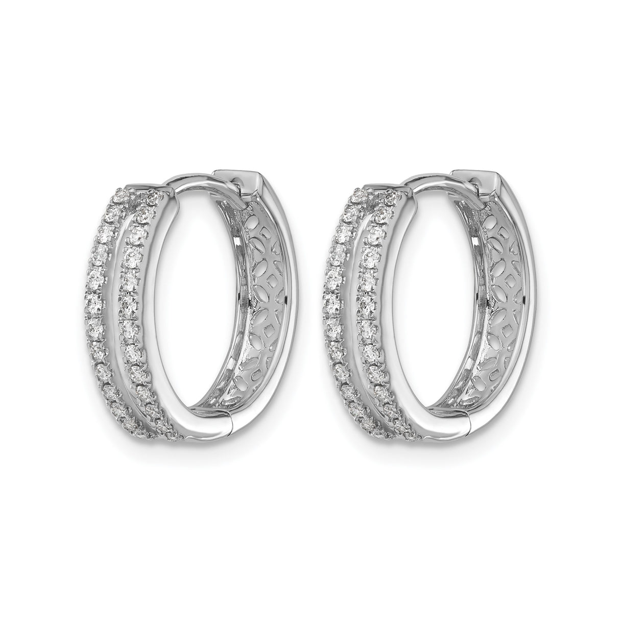 14k White Gold Diamond Hoop Earrings, Double Row Pavé, Hinged Design, Round Classic Style