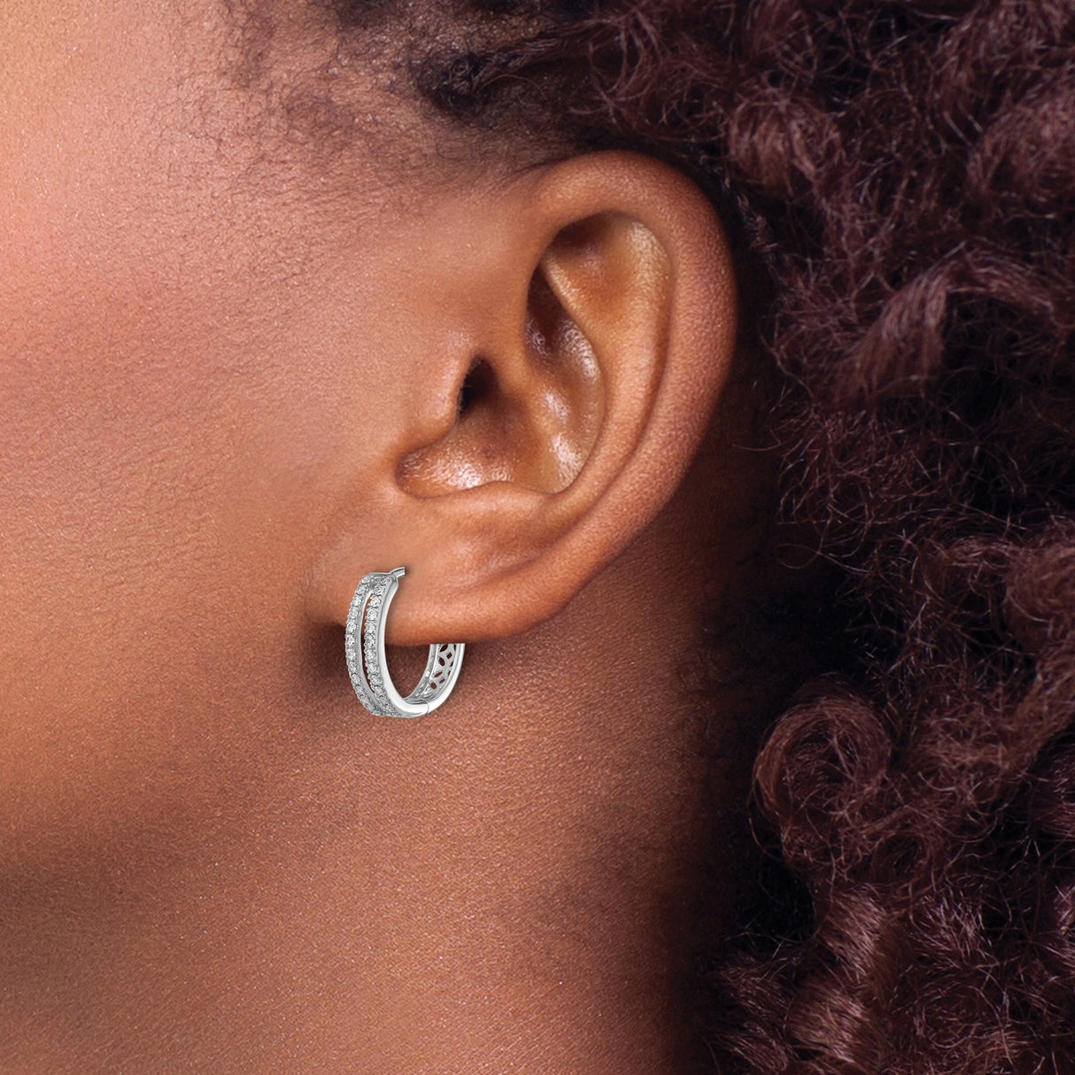 14k White Gold Diamond Hoop Earrings, Double Row Pavé, Hinged Design, Round Classic Style