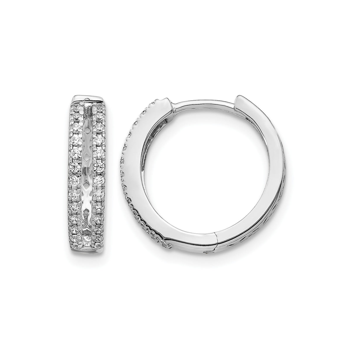 14k White Gold Diamond Hoop Earrings, Double Row Pavé, Hinged Design, Round Classic Style
