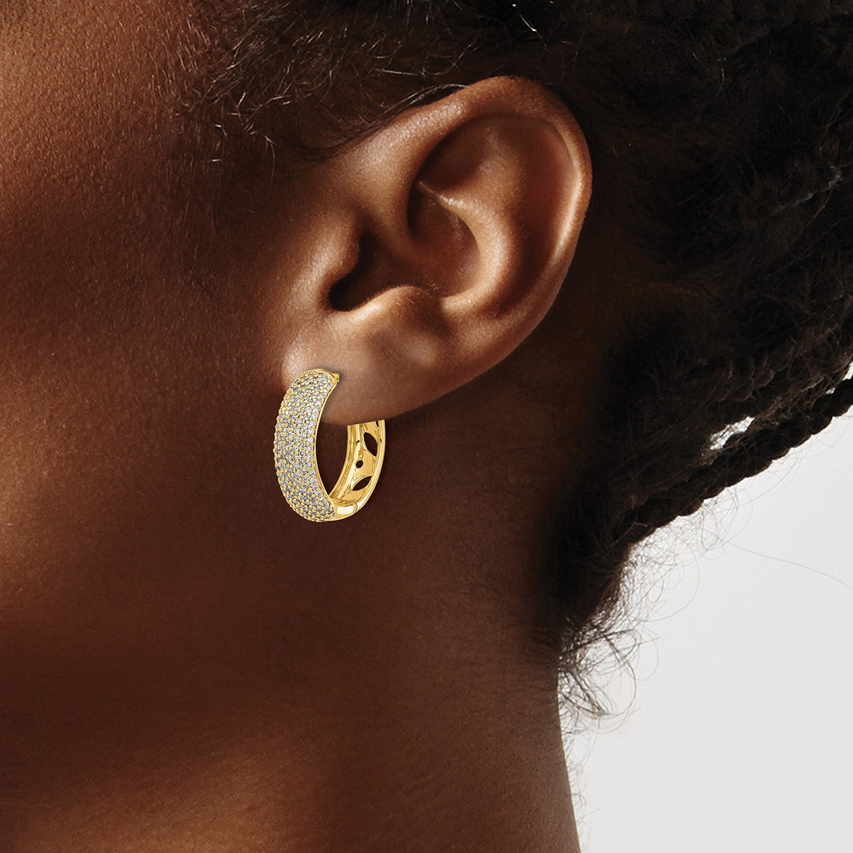 14k Yellow Gold Wide Hoop Earrings with Pavé-Set Round Cut Diamonds for Women