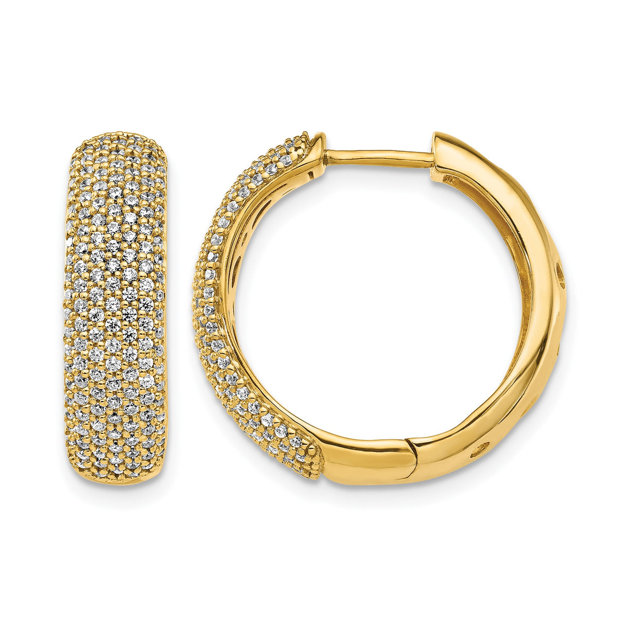 14k Yellow Gold Wide Hoop Earrings with Pavé-Set Round Cut Cubic Zirconia for Women