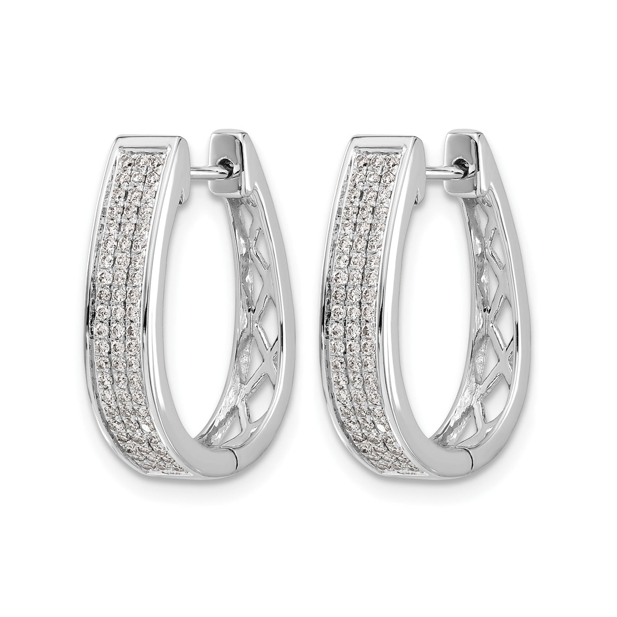 14k White Gold Hoop Earrings with Pavé Set Round Diamonds, Sleek Oval Huggie Style
