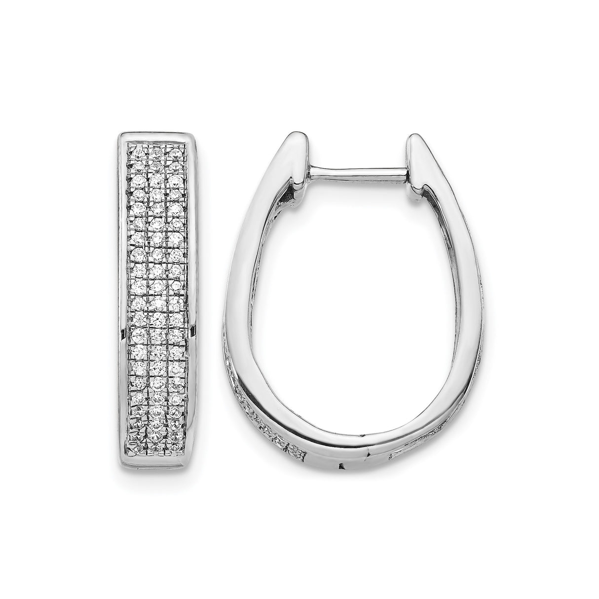14k White Gold Hoop Earrings with Pavé Set Round Diamonds, Sleek Oval Huggie Style