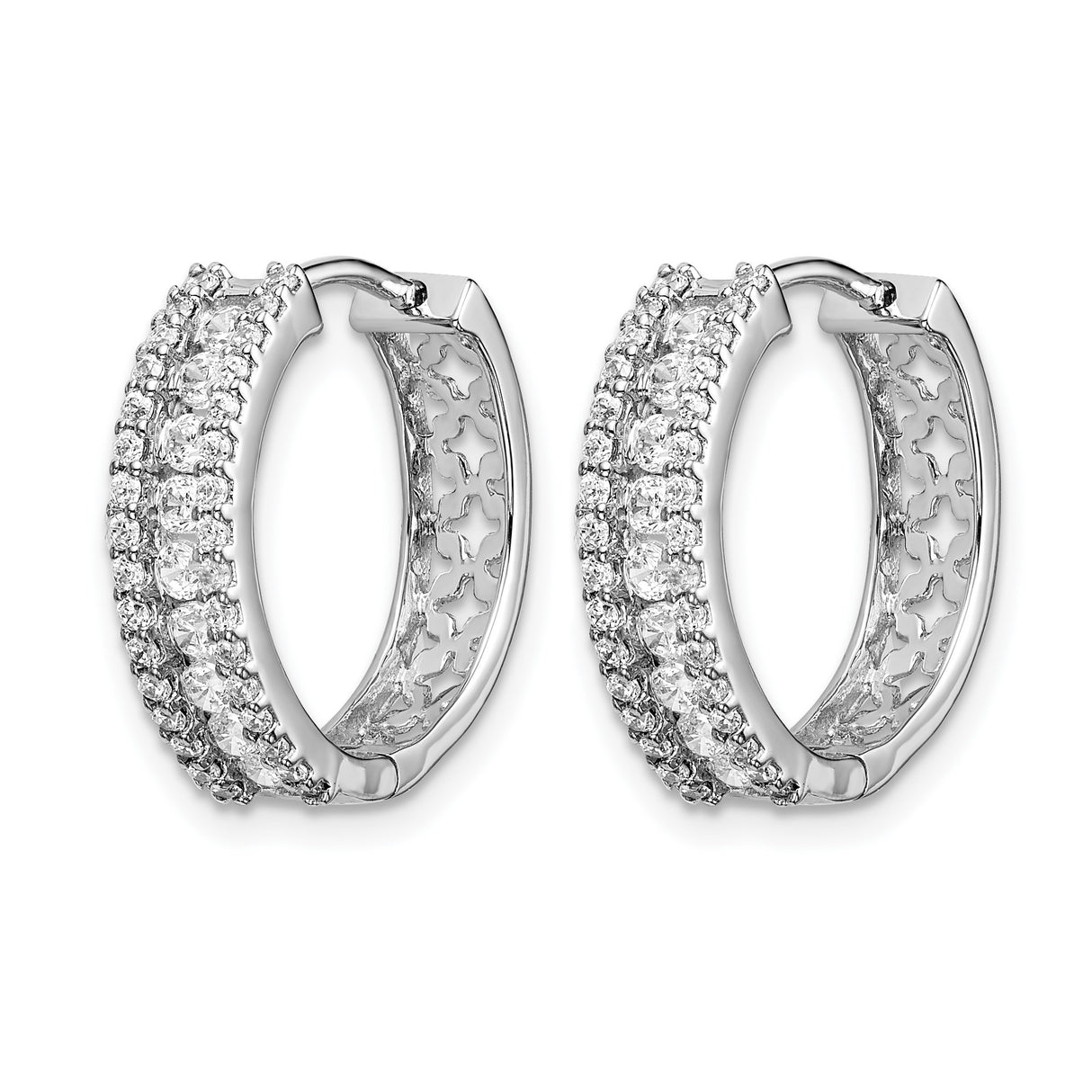 14k White Gold Diamond Hoop Earrings, Three Row Pavé Huggie Style for Women