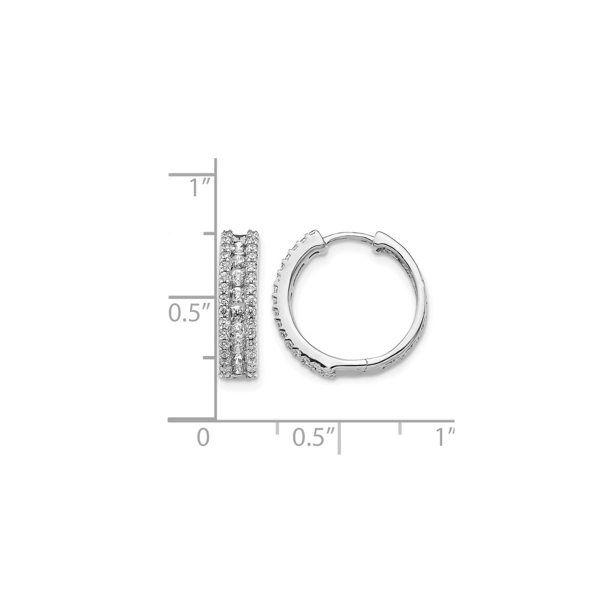 14k White Gold Diamond Hoop Earrings, Three Row Pavé Huggie Style for Women